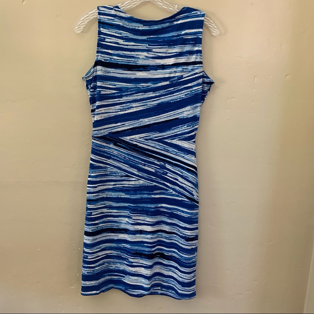 Ellen Tracy Dress Blue Watercolor Stretchy Sleeveless MIDI Modest Sleeveless 4 - Picture 2 of 7